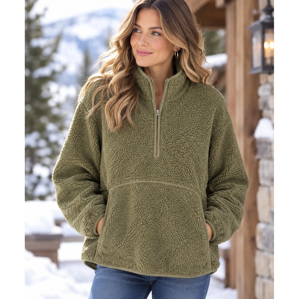 Te Verde Womens Olive Green Sherpa Fleece Half Zip Pullover Sweatshirt XL